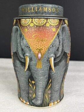 Williamson Tea Elephant Caddy Tin Blue Embossed Empty Storage Canister